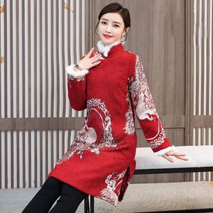 Inverno roupas étnicas womentang terno traje estilo popular melhorado cheongsam tradicional vestido festival chinês vermelho hanfu longo retro bordado tops