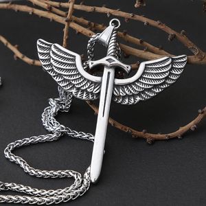 Pingente colares vintage anjo espada sagrada cruz de aço inoxidável colar para homens moda jóias asa punk cadeia