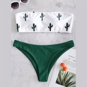 Bandeau Cactus Bikini Push Up Swimsuit Mulheres Dois Peça Banheira Swimwear Sexy Thong Bikinis Tropical Swim 210629