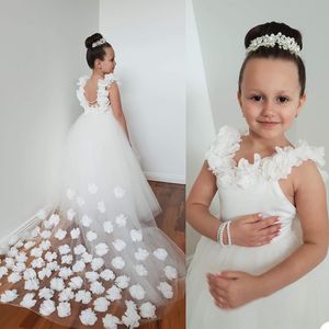 Noble and Beauty A-Line Flower Girl Dresses for Wedding Party Gowns Tulle Lace Golv Längd Ärmlös 3D Blommig Handgjorda Blomma Appliques First Communion Dress