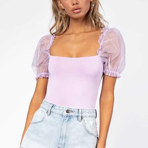 Vintage kobiety bomba fioletowe bluzki letnia moda damska elegancka krótka bluzka party kobiece bluzki z dzianiny dziewczęce szykowne 210527