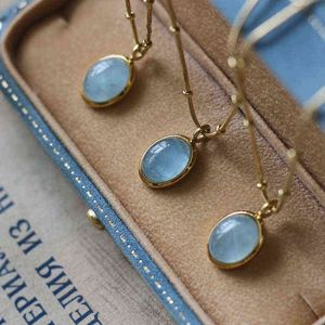 Natural Aquamarine Pendants Necklaces Titanium Steel Natural Stone Clavicle Chain Pendants Necklaces for Women Vintage Jewelry Y220223