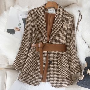 New design women's fashion turn down collar khaki houndstooth plaid grid sashes tweed woolen slim waist blazer suit thickening coat