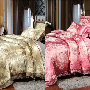 Tessili per la casa Set biancheria da letto in argento Set copripiumino in pizzo jacquard 4 pezzi Biancheria da letto Copriletto europeo Lusso Lenzuolo piatto dorato Capesante C0223