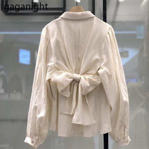 Spring Solid Shirts Back Big Bow Sashes Kvinnor Toppar Långärmad Mode Koreansk Style Now-down Collar Office Lady 210601