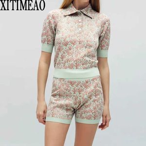 ZA Kadınlar Moda Çiçek Baskı Örme Hırka Vintage Kısa Kollu Kazak + Yüksek Bel Rahat Şort 2-piece Set Xitimeao 210602