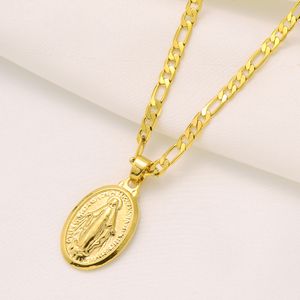 Colar feminino com pingente de retrato da deusa italiana Figaro corrente 24 pol. ouro maciço 18 k GF 3 mm