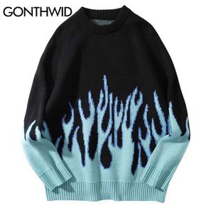 Гондид-хип-хоп свитера огонь пламя вязаный свитер Jumpers Streetwear arajuku мужская мода повседневная пуловер топы пальто 211006