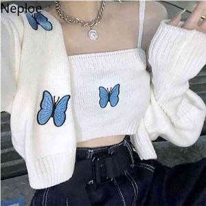 Neploe Women Cardigan Butterfly Embroidery Cropped Sweaters Two-piece Sets Korean Knit Suit Fashion Black Sweater Cardigans 210806