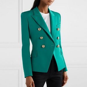 High Street Fashion Designer Womens Classic Double Breasted Lion Buttons Slim Montering Blazer Jacket