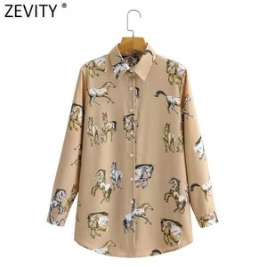 Zevity Women Vintage Animal Horse Print Breasted Shirts Office Ladies Long Sleeve Business Blouse Chic Female Tops LS9172 210603