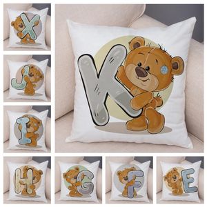 Cushion Decorative Pillow Cute Cartoon Bear Animal Cushion Cover For Sofa Children Room English Letter Print Case Short Plush Pillowcase 45x
