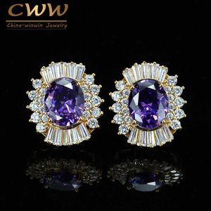 High Quality Cubic Zirconia Stone Paved Women Gold Color Stud Earring With Purple Crystal Jewelry CZ386 210714