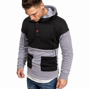 Men's Hoodies & Sweatshirts Button Patchwork Hooded Draw String Contrast Hoodie Sports Slim Pockets Sweatshirt Fashion Winter Autumn Tops