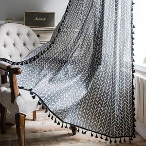 Curtain & Drapes Striped With Tassels For Bedroom French Window Blinds Bay Tube Curtains Japan Cotton Linen Living Room