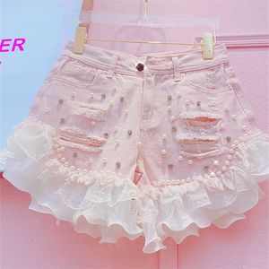 Basic Summer Denim Shorts Women PINGK LACE Korean Casual Mid Waist Cuffed Tassels Ripped Holes Pink Jeans 211129