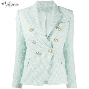 Tweed Mint Green Blazer Ladies Summer Jacket Coat Slim Office Business Double-breasted Woven Wool 210527