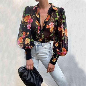 2021 Autumn Puff Sleeve Shirts Blouse Women Floral/Leopard Long Sleeve Lapel Buttons Vintage Shirts Elegant Blouses Tops Female Y211125