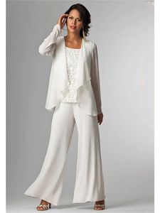 Pantsuit Jumpsuit 3 -teiliger Anzug Mutter der Brautkleid Plus Größe Elegant Batteau Hals bodenlange Chiffon -Ärmel mit Lace2386