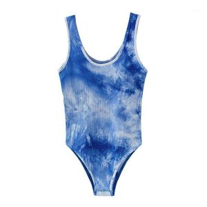 Kvinnor Mode Blå Tie-Dye Print Sommar Beach Style Bodysuit 2021 Sexig Lady Bodycon Ärmlös Tops Bodysuits Femme Kvinnors Jumpsuits Romp