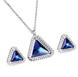 Earrings Necklace Fashion Stainless Steel Jewelry Set Girls Red Blue Black Austria Crystal Mosaic Zircon Triangle Pendant Sets