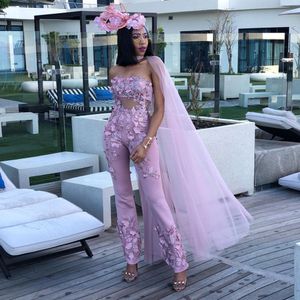 Customise Strapless Jumpsuit Evening Dresses with Wrap Lace Applique Celebrity Gowns Party Vestido de novia