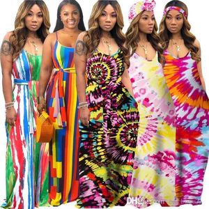 Women Maxi Dresses Designer 2023 New Tie Dyed Colorful Printed Loose Long Dress Suspender Skirt With Scarf