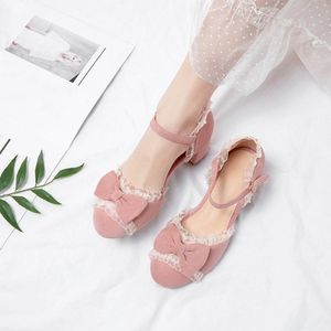 Dress Shoes Ymechic Summer 2021 Lovely Bowtie Lace Design Lolita Chunky Heel Party Ladies Block Tacco Donne Pompe Donne Pink Rosso Bow Shoe