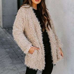 Wełna damska mieszany z długim rękawem Faux Fur Coat Pluszowy Płaszcz Solid Color Kieszenie Kobiety Puszysta Kurtka Odzieżowa Odzież