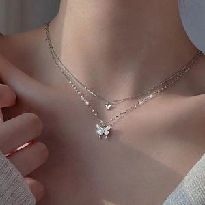 Korean Silver Plated Shiny Butterfly Necklace Ladies Exquisite Double Layer Clavicle Chain Necklace Jewelry Gift