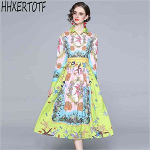 spring Runway Designer Floral Long Dress Fashion Womens long Sleeve Vintage Conch Printed Casual Vestido 210531