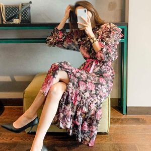 Zarif Midi Elbise Kadınlar Için Uzun Kollu Yüksek Bel Çiçek Baskı Kuşaklı Ruffles Ince Elbiseler Yaz Tarzı Moda 210529