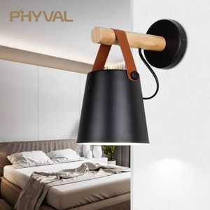 LED Vägglampa Trä vägglampa Bäddsäng Bedside Light Night Lights Modern Nordic Lampshade Heminredning Vit Svart Bälte E27 85-265V 210724