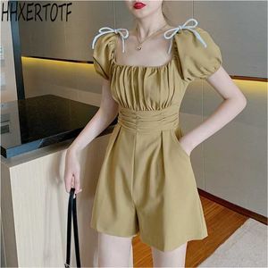 Summer casual women Pleated Short Puff Sleeve High Waist Wide Leg Shorts Overalls Square Collar Rompers Jumpsuit 210531