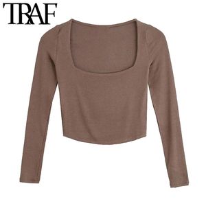 Traf女性のセクシーなファッションフィットトリップリブニットTシャツビンテージスクエアカラー長袖女性トップスMujer 211110