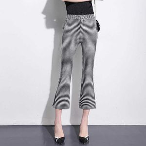 2020 Summer Autumn New Office Lady Boot Cut Pants Casual Elegant Womens Formal Skinny Plaid Flare Trousers Slim Pants Q0801