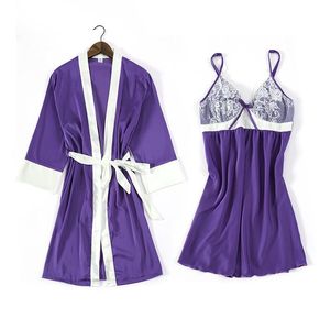 Women's Sleepwear Purple 2PCS Satin Women Robe Suit Kimono Gown Sexy Strap Nightgown Cute Bow Night Dress With Bra Long Sleeve Bathrobe