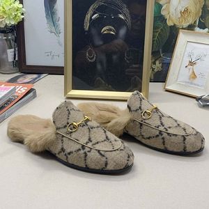 Fellpantoffeln Herren Damen Fellpantoffeln Canvas Wolle Slipper Leder Pelz Slipper Samt Princetown Loafers Flats mit Horsebit mit Box 35-46