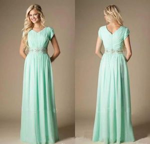 2021 Beach long Bridesmaid Dresses mint green A Line Jewel Cap Sleeve Floor Length junior Bridesmaid Gowns With Chiffon Beaded Sash