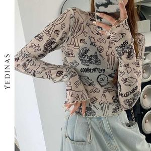 Yedinas Korean Style Long Sleeve Mesh T-shirt Women Funny Art Print See Through Tshirt Folds Design Crop Tops Sexy Streetwear 210527