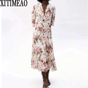 Zaの女性春秋のレトロな印刷のドレスカジュアルな半袖Oネックシャツのドレスレジャー休暇の長いスカートXitimea 210602