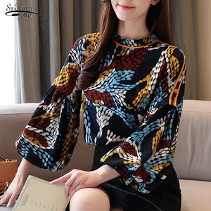 Blusa koreanska stye kvinnor långärmad tryck skjorta vintage o-hals kvinnor toppar och blus eleganta puffhylsa kläder 21302