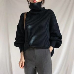 Oversize turtleneck höst vinter långa tröjor för kvinnor mode svart klassisk drag vintage femme sticka topp kvinna jumper 211215