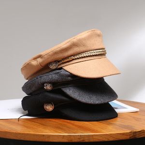 Geizige Krempe Hüte Frauen Straße Militär Wolltuch Herbst Männer Baskenmütze Kappen Vintage Sailor Kapitän Kappe Reise Kadett Achteckige Hut gorras Mujer