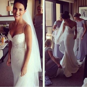 2019 Spaghetti Straps Mermaid Dresses Satin Lace Applique Sweep Train Wedding Bridal Gowns 328 328