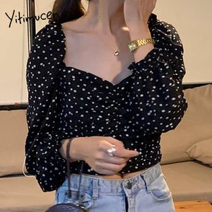 Yitimuceng Black Floral Print Bround Women Crop Tops Рубашки Слованные рукава Квадратный воротник Одежда Весна Лето Корейский мода 210601