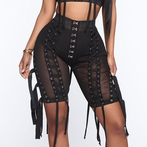 Geschnürt Mesh Shorts Frauen Sexy Sommer Dünne Straße Tragen Punk Hohe Taille Biker Kreuzmuster Ösen Spitze-up Capri Q0131