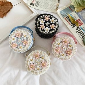 Children Small Round Bags Baby Decorative Shoulder Bag Girl Mini Handbag Creative Tweed Flower Pearl Kids Wallet for Party
