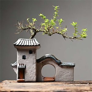 Chinese Antique House Retro Building Ceramic Flower Pot Decoration Garden Bonsai Figurines Miniatures Home Ornaments Free Ship 211108