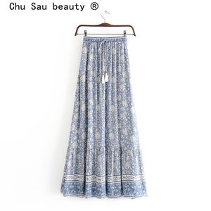 Chu Sau Beauty Fashion Bohoヴィンテージプリントミディスカートホリデースタイル弾性ウエストタッセルレディースロングスカート210730
